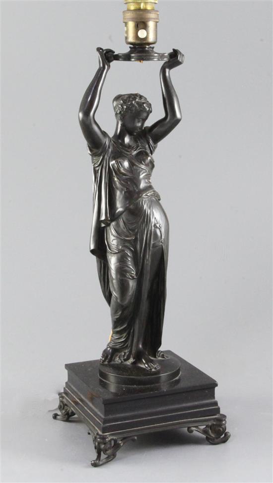 J.J. Salmson (1823-1902). A classical female bronze figure holding an urn, mounted as a lamp 15in.